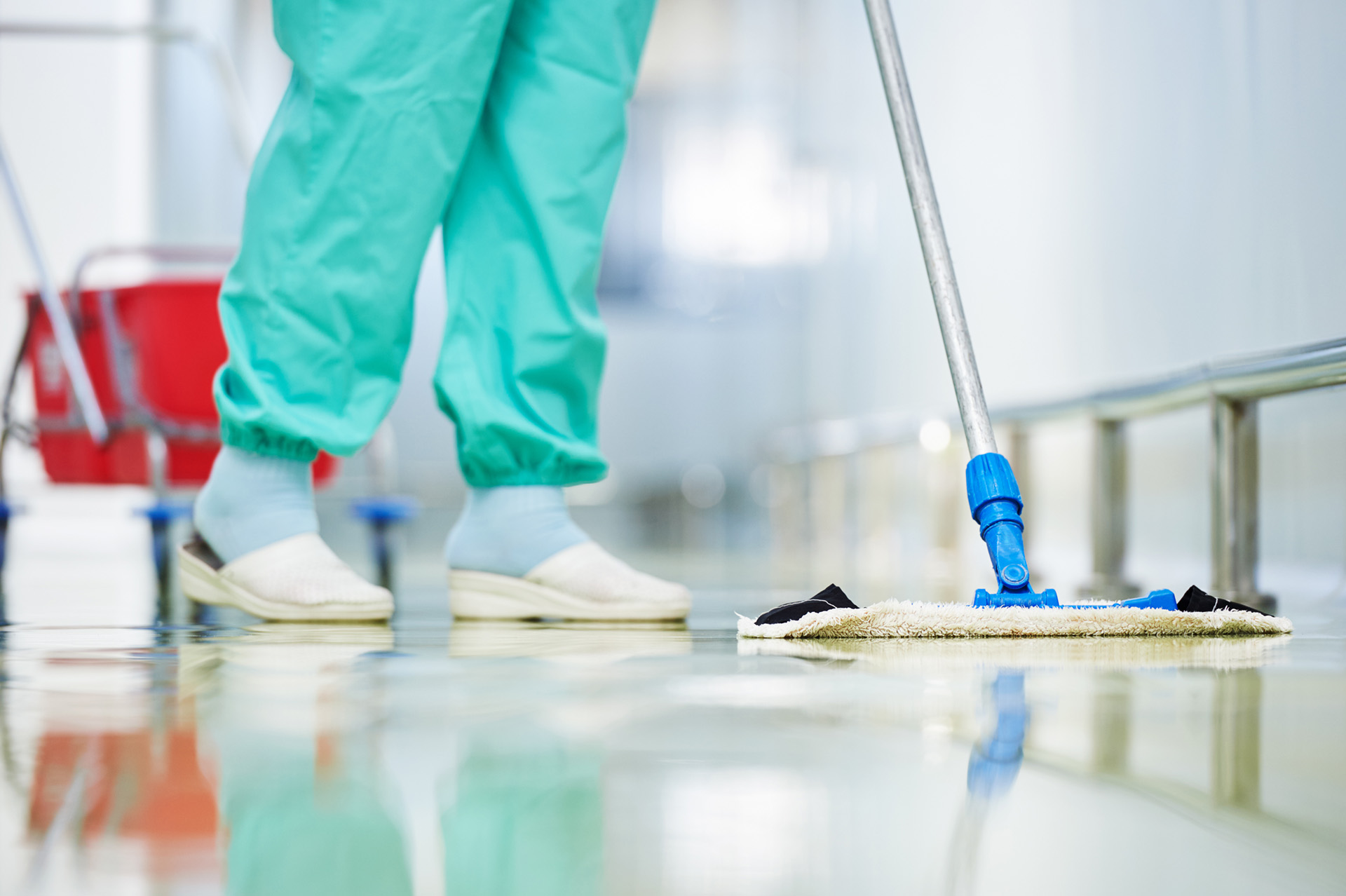Servicios de cuidado y limpieza de suelos con mopa de lavado en fábrica estéril u hospital limpio